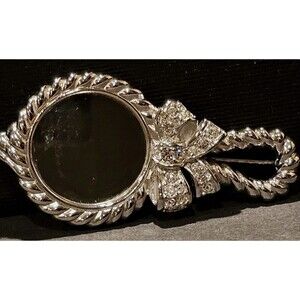 Swarovski Hand Mirror Pin Brooch Swan Signed Pave Crystal Silver Tone EUC